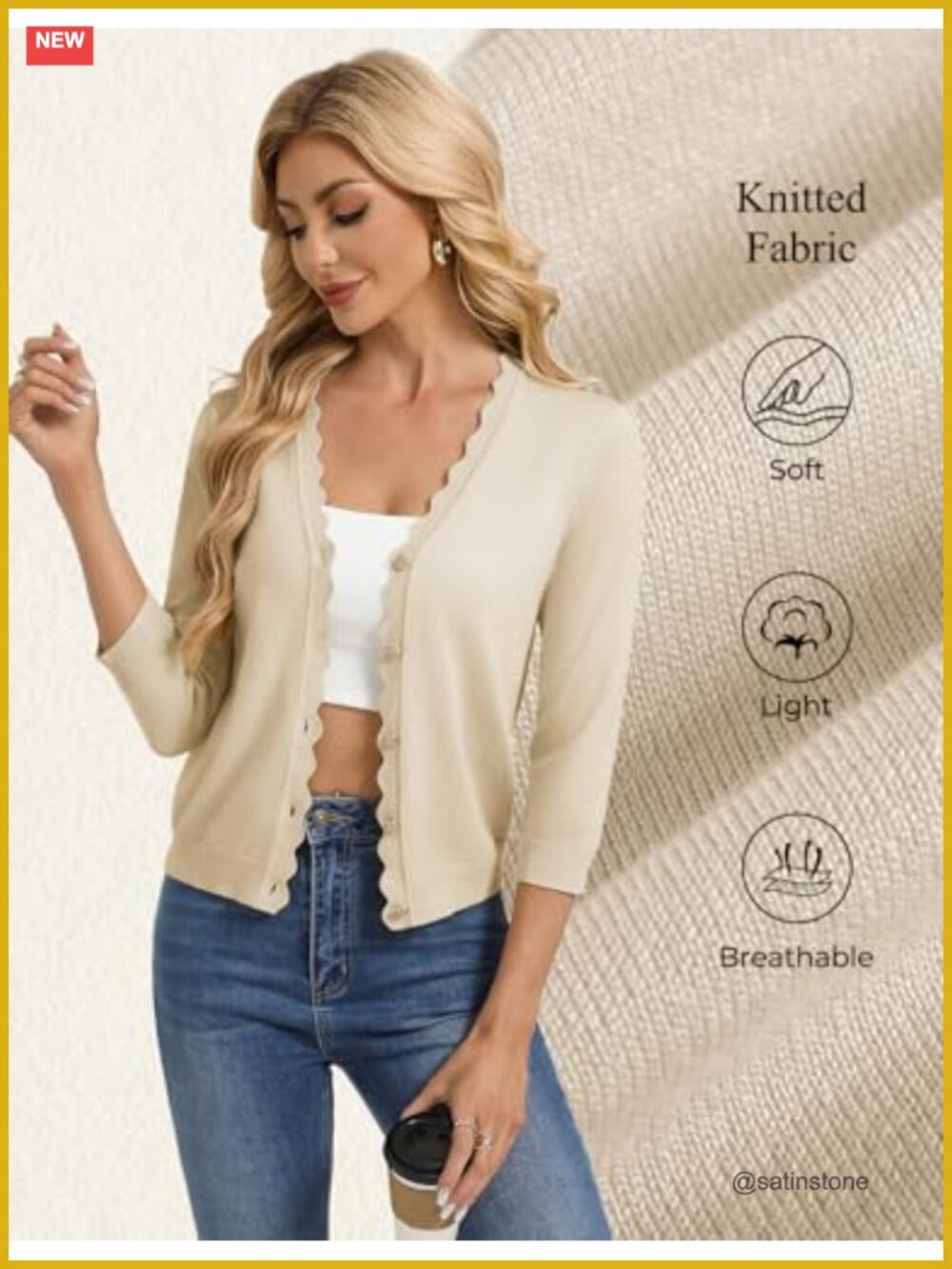 Lightweight 3/4 Sleeve V-Neck Cardigan Shrug for Summer Layering - Picture 4 of 6